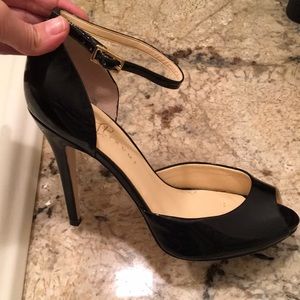 Patent Genuine Leather peep toe heels.